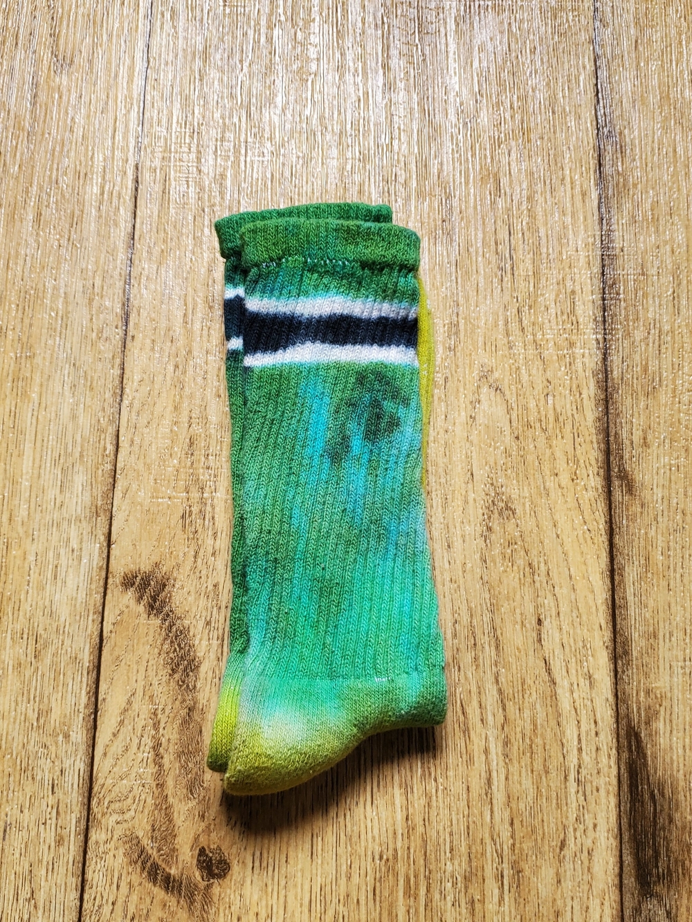 Gildan Green Tie-Dye Crew Socks with Black & White Stripes